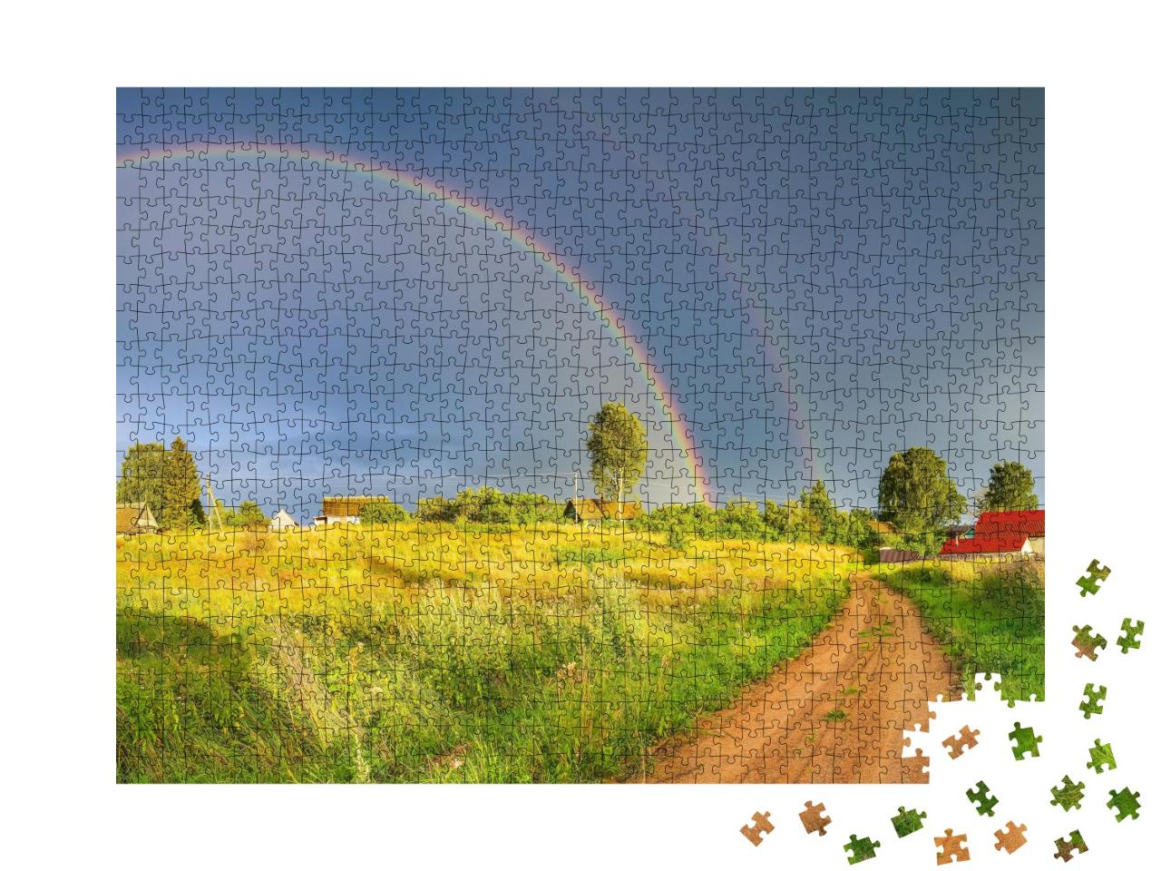 Puzzle de 1000 pièces « Arc-en-ciel au-dessus de nuages de pluie sombres dans un paysage rural »