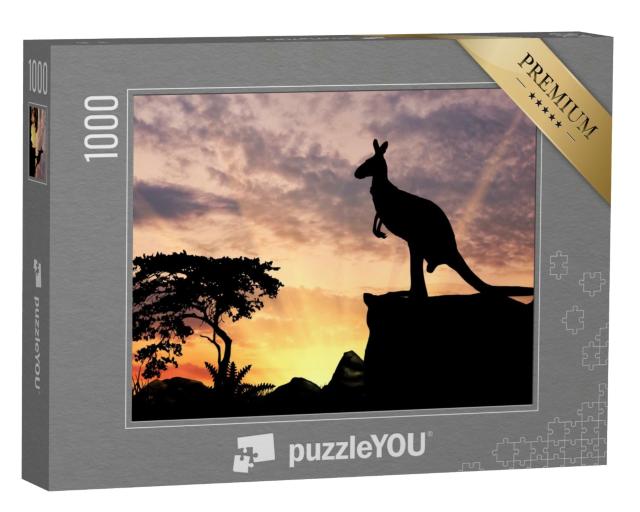 Puzzle de 1000 pièces « Silhouette d'un kangourou sur une colline au coucher du soleil »