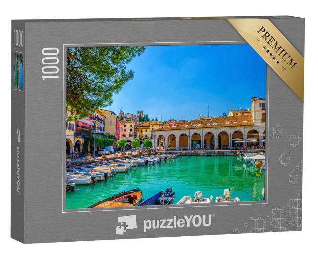 Puzzle de 1000 pièces « Vieux port avec bateaux à moteur, Lombardie, Italie du Nord »