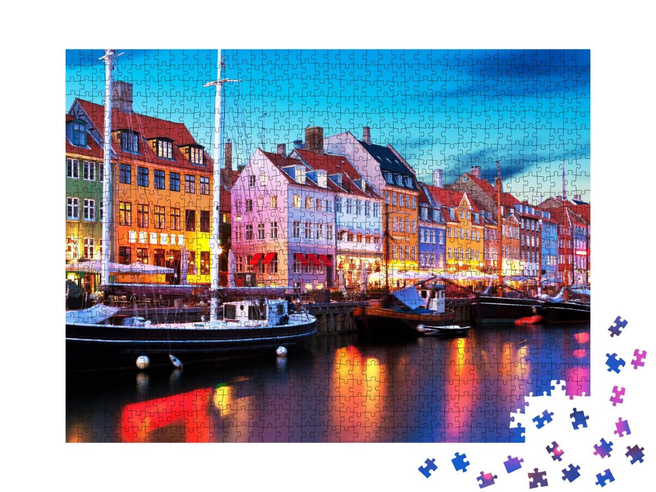 Puzzle de 1000 pièces « Panorama du soir sur la jetée de Nyhavn, Copenhague, Danemark »