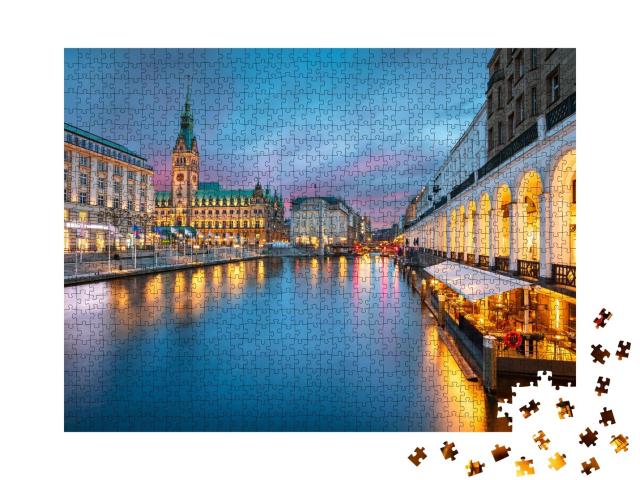 Puzzle de 1000 pièces « L'hôtel de ville de Hambourg et l'Alster au coucher du soleil »