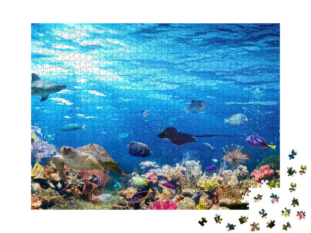 Puzzle de 1000 pièces « Scène sous-marine avec récif de corail, poissons, requins, tortue et raie manta »