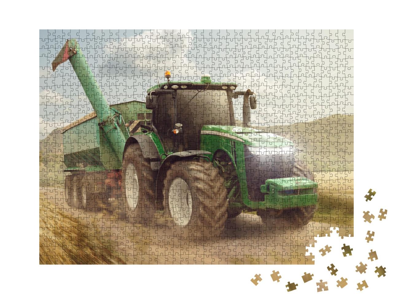 Puzzle de 1000 pièces « Tracteur avec remorque sur un chemin de terre »