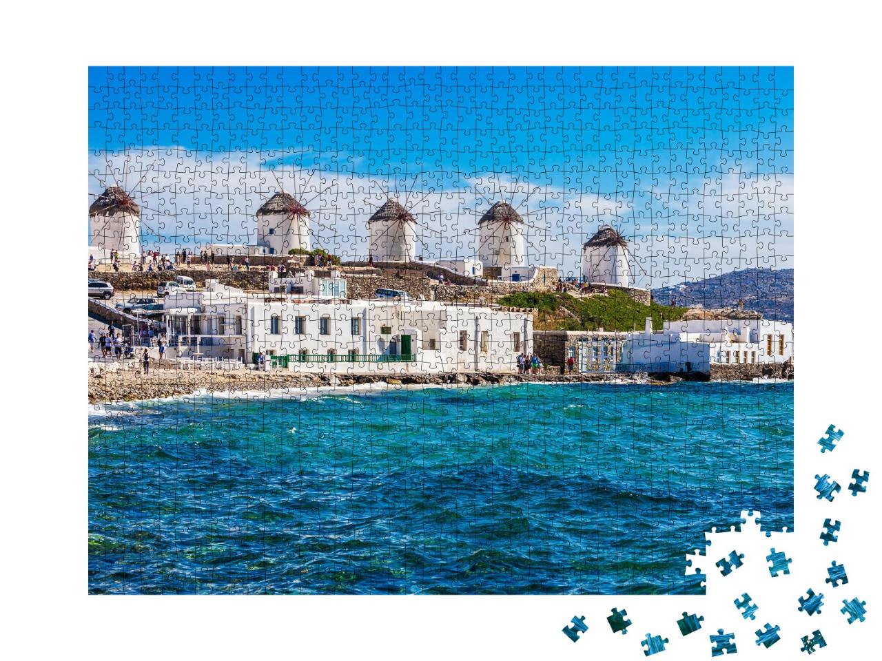 Puzzle de 1000 pièces « Moulins à vent sur la côte de Mykonos, Grèce »