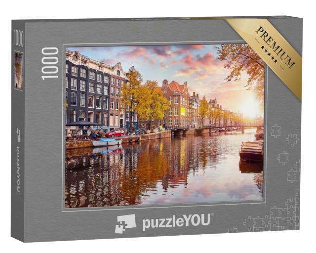 Puzzle de 1000 pièces « Lumière chaude du soleil sur le canal à Amsterdam, Pays-Bas »