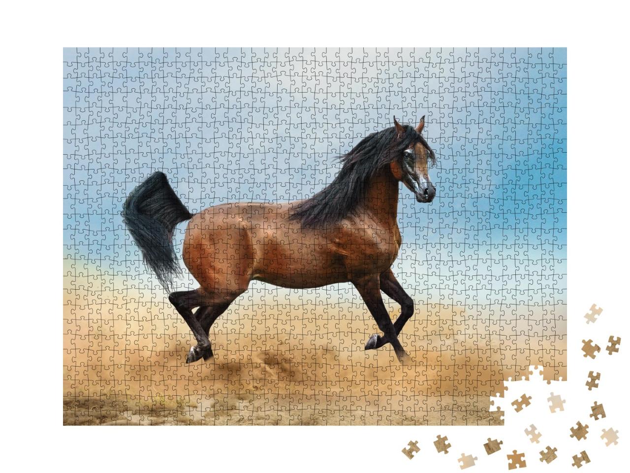Puzzle de 1000 pièces « Un cheval arabe brun court dans le désert »