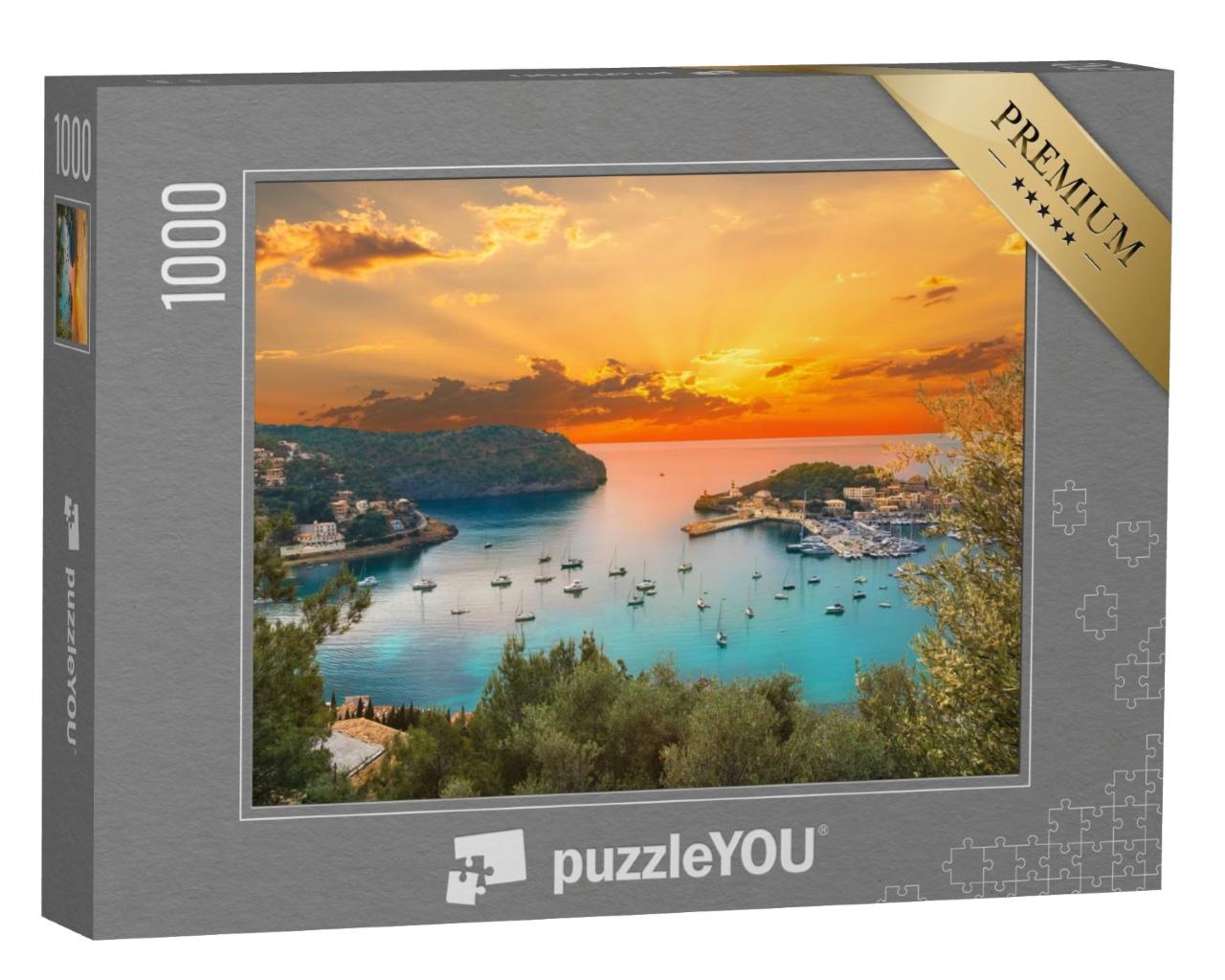 Puzzle de 1000 pièces « Vue sur le célèbre port de Soller, coucher de soleil à Majorque »