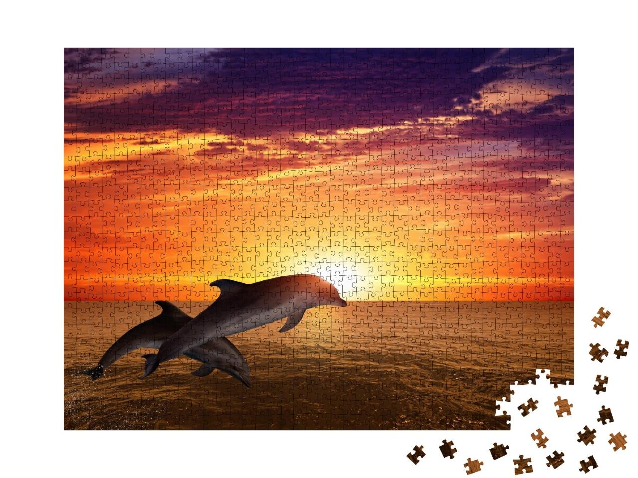 Puzzle de 1000 pièces « Des dauphins qui sautent : la vie marine au coucher du soleil »
