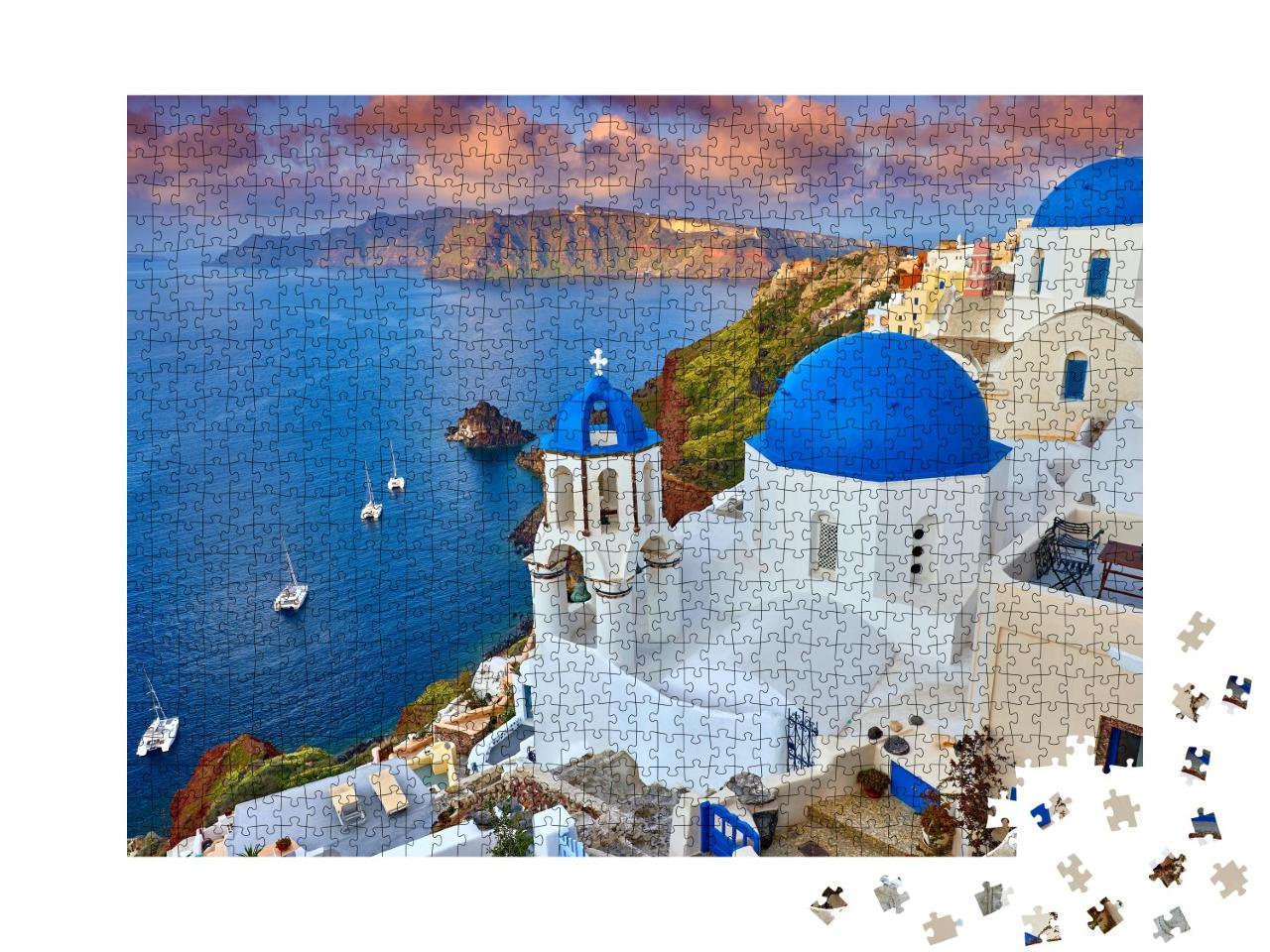 Puzzle de 1000 pièces « Lever de soleil sur Fira à Santorin, Grèce »