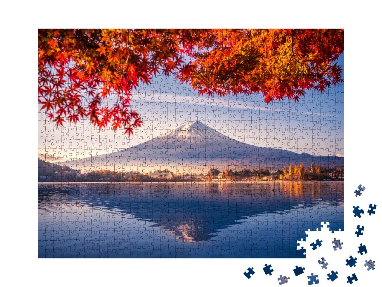 Puzzle de 1000 pièces « Matin d'automne au Mont Fuji avec des feuilles rouges au lac Kawaguchiko, Japon »