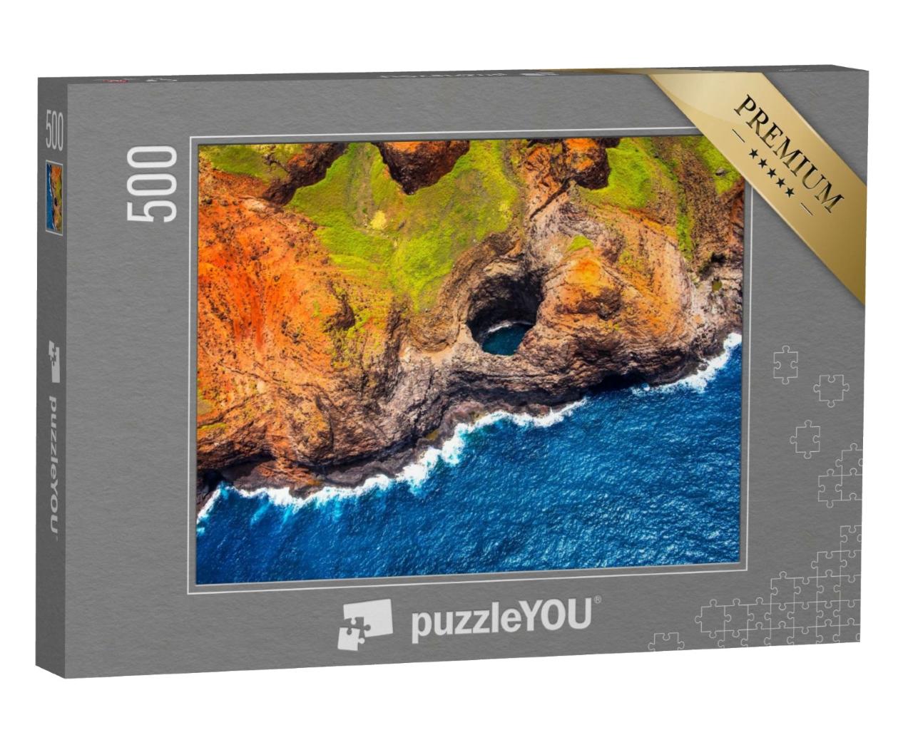 Puzzle de 500 pièces « Vue aérienne de la côte Na-Pali avec une grotte ouverte, Kauai, Hawaii »