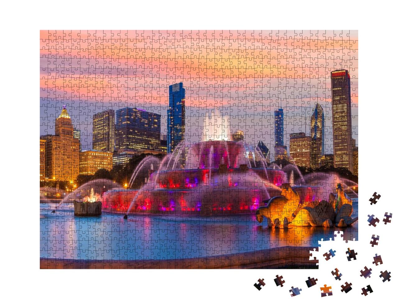 Puzzle de 1000 pièces « Panorama de la ligne d'horizon de Chicago avec les gratte-ciel et la fontaine de Buckingham »