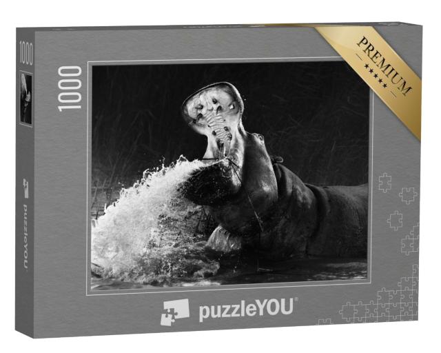 Puzzle de 1000 pièces « Hippopotame avec mau ouvert dans l'eau »