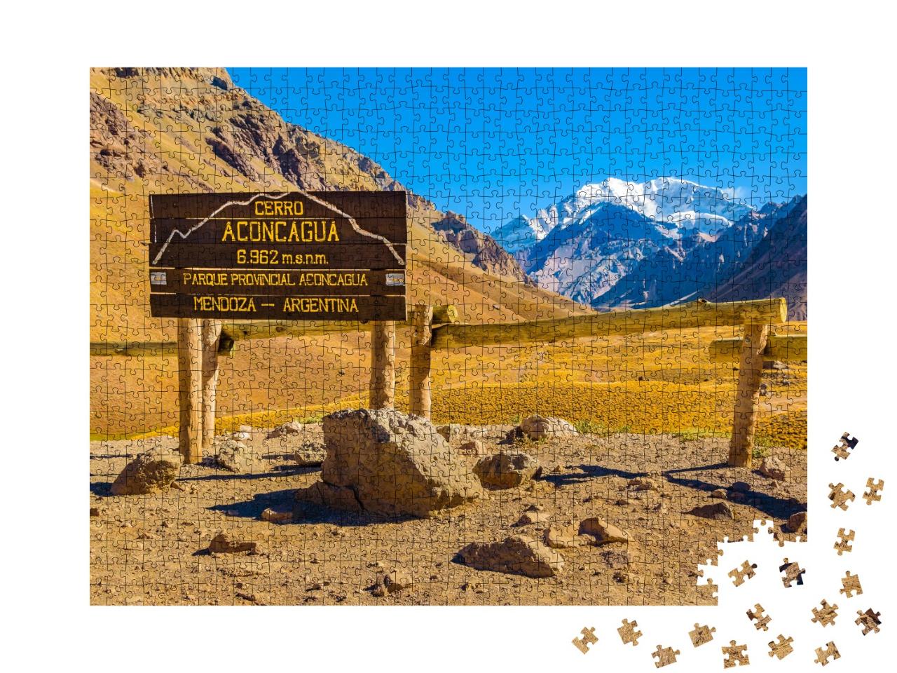 Puzzle de 1000 pièces « Cerro Aconcagua, panneau dans les montagnes d'Argentine »