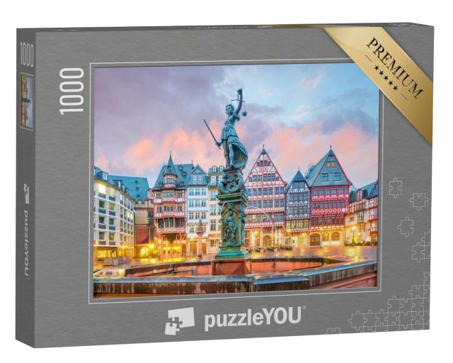 Puzzle de 1000 pièces « Crépuscule sur la place de la vieille ville Römerberg à Francfort, Allemagne »