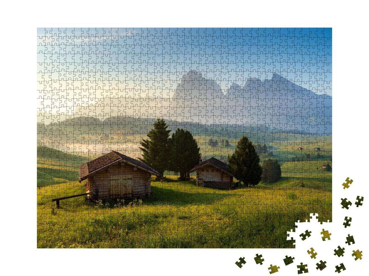 Puzzle de 1000 pièces « Chalets sur l'Alpe de Siusi, Dolomites, Tyrol du Sud, Italie »