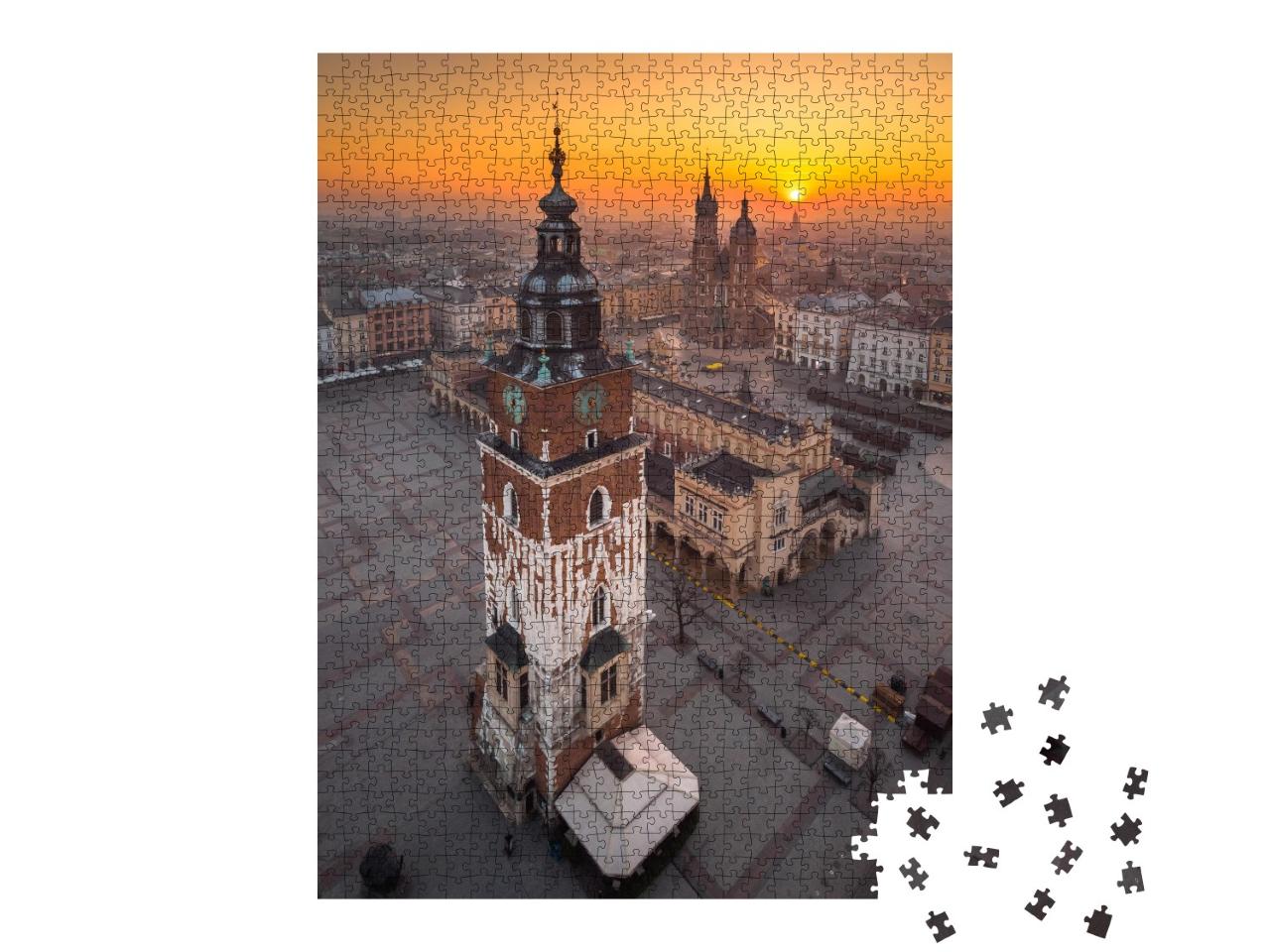 Puzzle de 1000 pièces « Vue aérienne de la place du marché de Cracovie au lever du soleil »