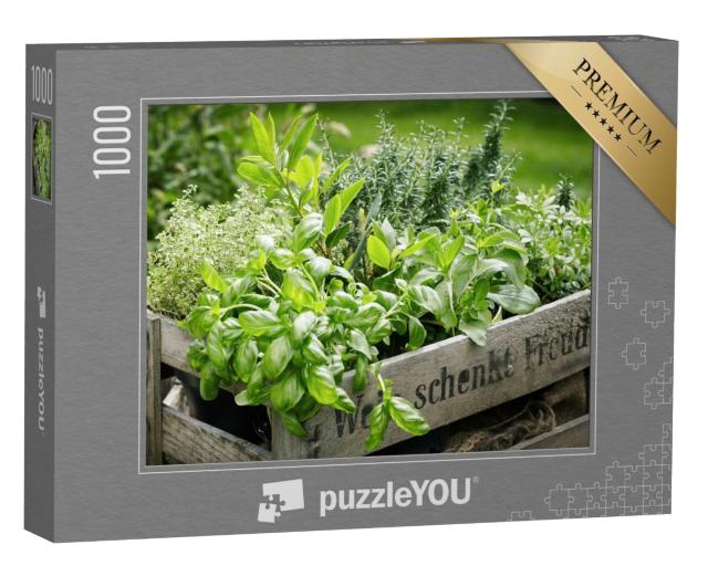Puzzle de 1000 pièces « Caisse en bois contenant une multitude d'herbes fraîches et vertes pour la cuisine »