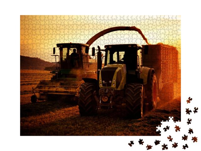 Puzzle de 1000 pièces « Tracteurs dans un champ au coucher du soleil »