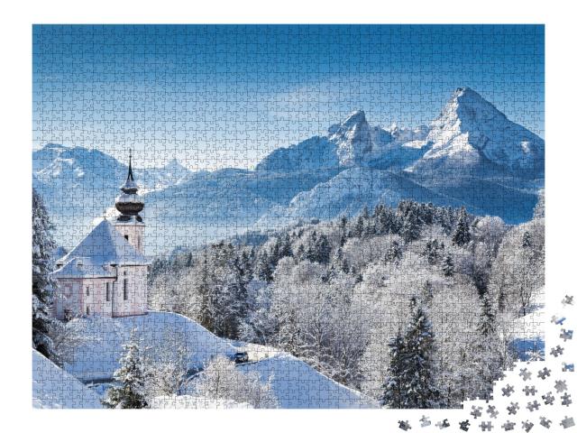 Puzzle de 2000 pièces « Église de pèlerinage et sommet du Watzmann en hiver, Berchtesgadener Land, Allemagne »