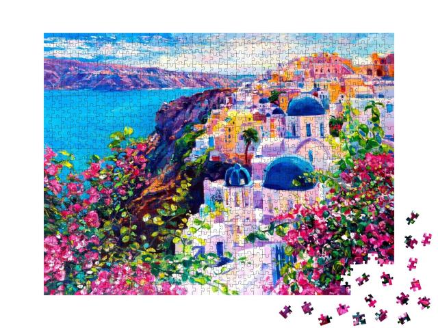Puzzle de 1000 pièces « Santorin : belle peinture à l'huile du paysage marin »