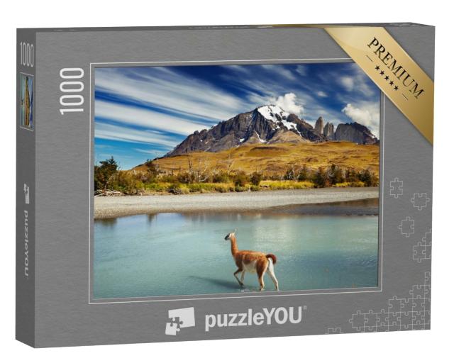Puzzle de 1000 pièces « Guanaco traversant la rivière dans le Torres del Paine, Patagonie, Chili »
