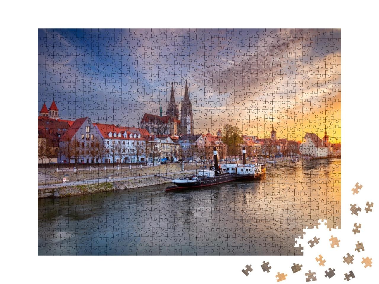 Puzzle de 1000 pièces « Ratisbonne au printemps : coucher de soleil sur la ville, Bavière »
