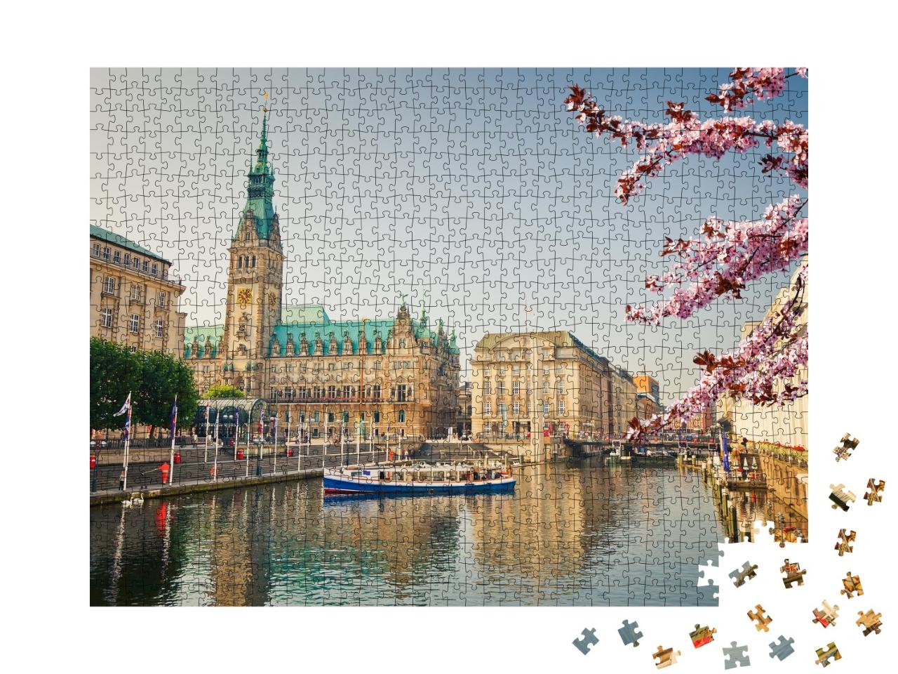 Puzzle de 1000 pièces « L'hôtel de ville de Hambourg et l'Alster au printemps »