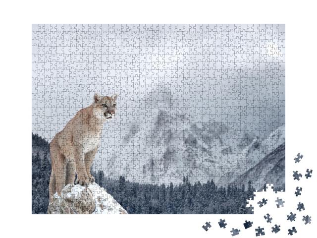 Puzzle de 1000 pièces « Portrait d'un puma dans les montagnes hivernales »