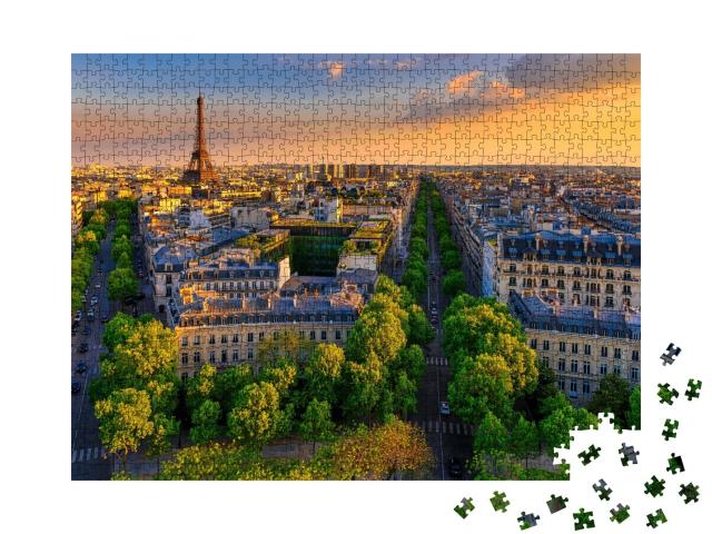 Puzzle de 1000 pièces « Skyline de Paris avec la Tour Eiffel au coucher du soleil, France »