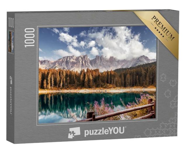 Puzzle de 1000 pièces « Alpes au coucher du soleil, Lago di Carezza, Dolomites »