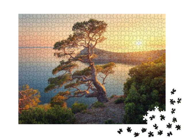 Puzzle de 1000 pièces « Arbre sur une montagne au bord de la mer au coucher du soleil »