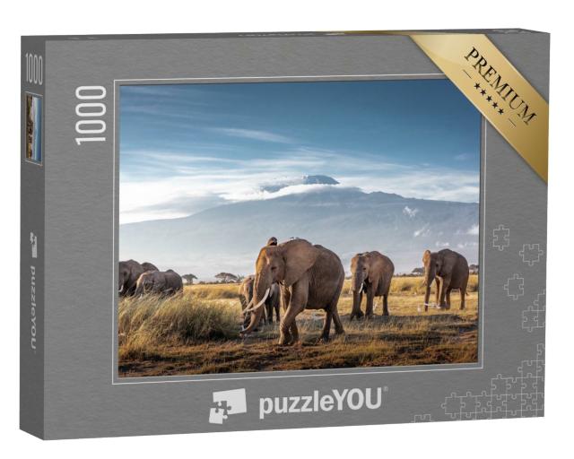 Puzzle de 1000 pièces « Troupeau de grands éléphants d'Afrique se promenant devant le Kilimandjaro au Kenya »
