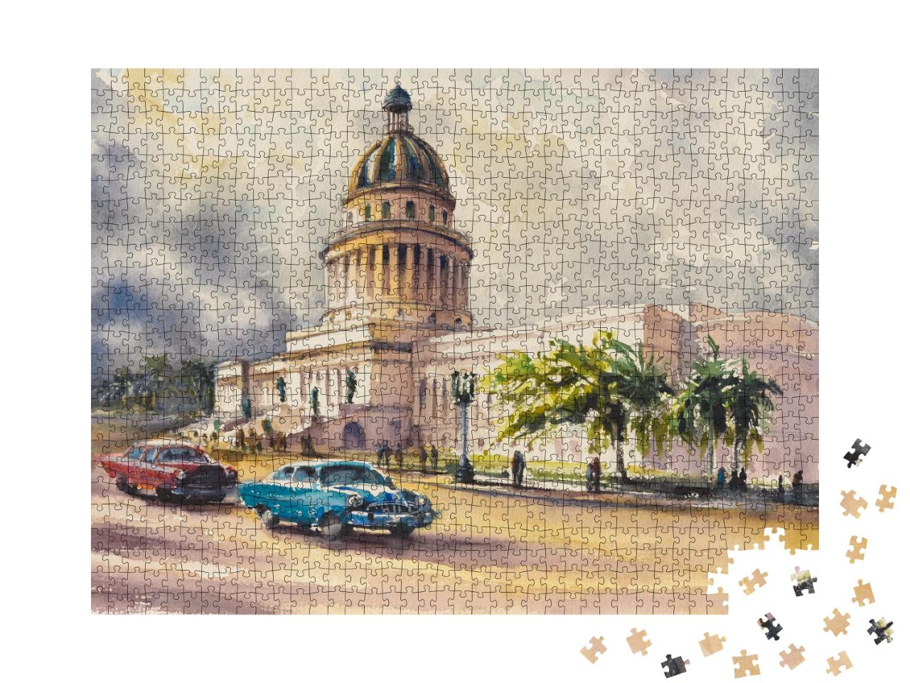 Puzzle de 1000 pièces « Vieilles voitures américaines devant le Capitole, La Havane, Cuba »