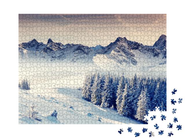 Puzzle de 1000 pièces « Fantastique paysage hivernal. Ciel dramatiquement couvert. Collage créatif. Un monde de beauté »