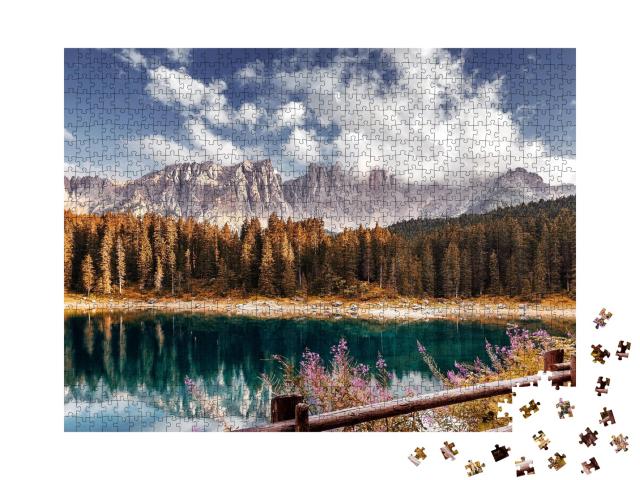 Puzzle de 1000 pièces « Alpes au coucher du soleil, Lago di Carezza, Dolomites »