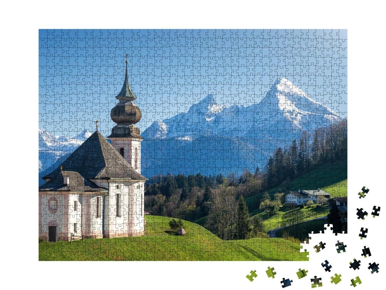 Puzzle de 1000 pièces « Sommet enneigé du Watzmann et Maria Gern, Berchtesgadener Land »