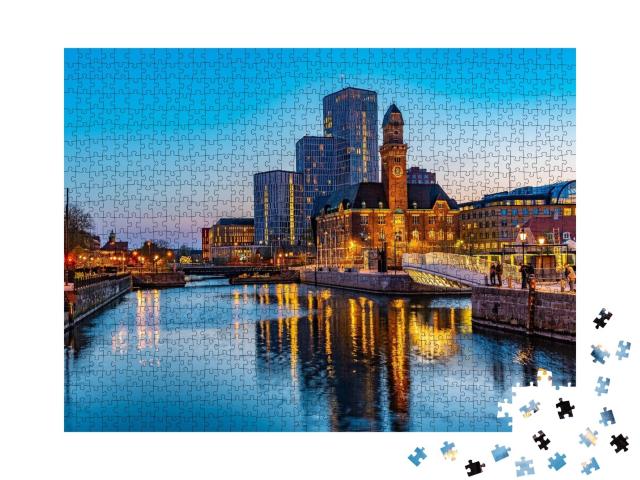Puzzle de 1000 pièces « Coucher de soleil avec vue sur la ligne d'horizon de Malmö, Suède »