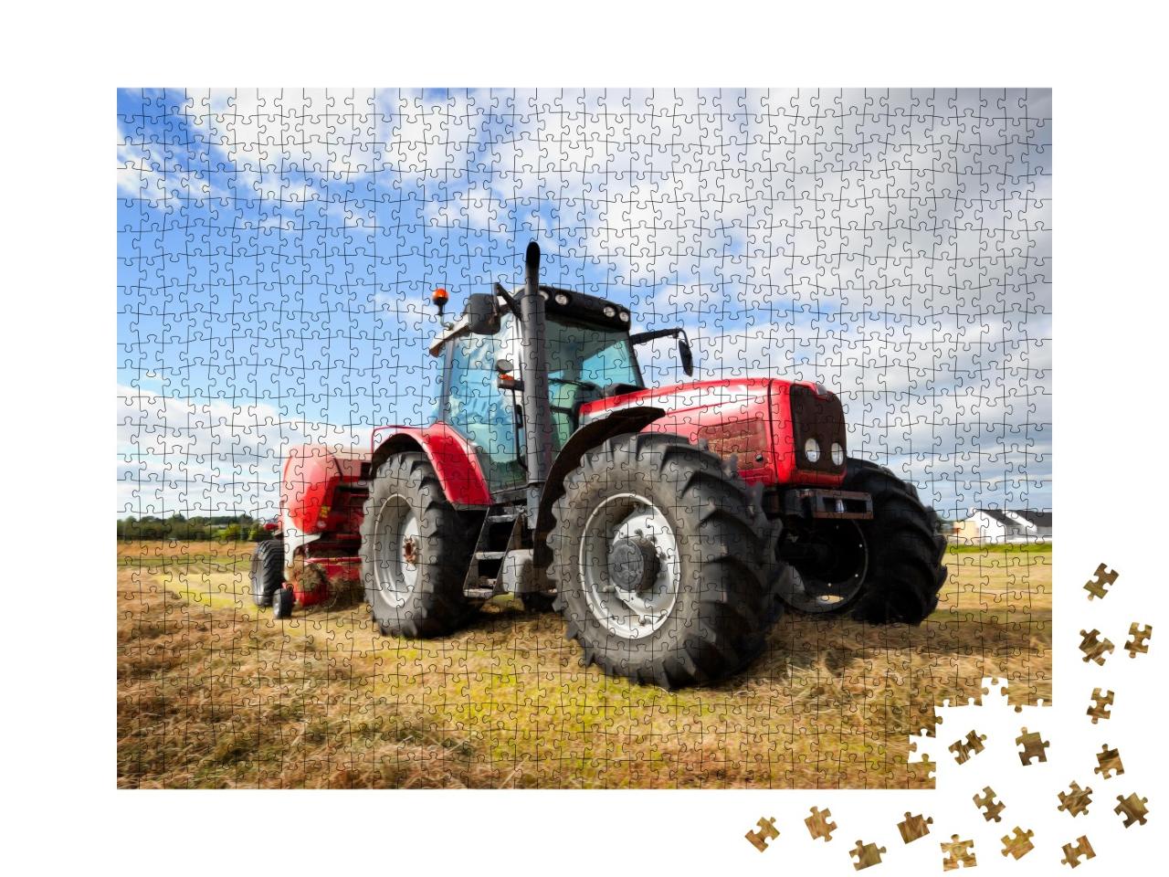 Puzzle de 1000 pièces « Un grand tracteur ramasse des meules de foin dans un champ »