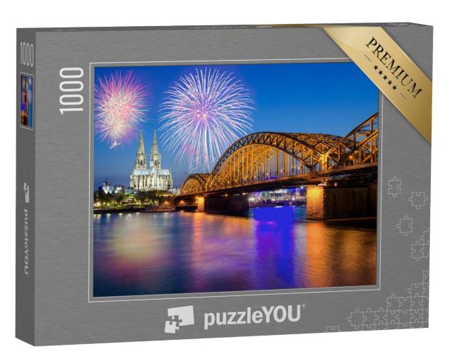 Puzzle de 1000 pièces « Feux d'artifice de la Saint-Sylvestre à la cathédrale de Cologne avec le pont Hohenzollern »