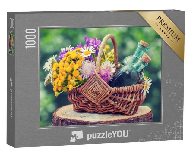 Puzzle de 1000 pièces « Panier en osier avec des herbes médicinales et des teintures de phytothérapie »