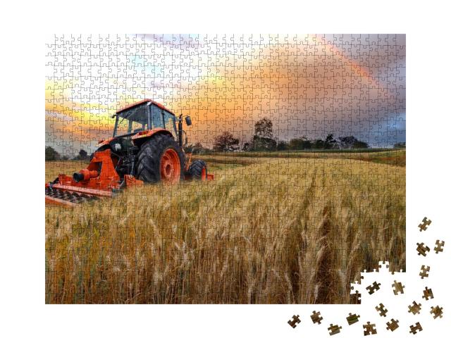 Puzzle de 1000 pièces « Tracteur au travail dans un champ d'orge au coucher du soleil »