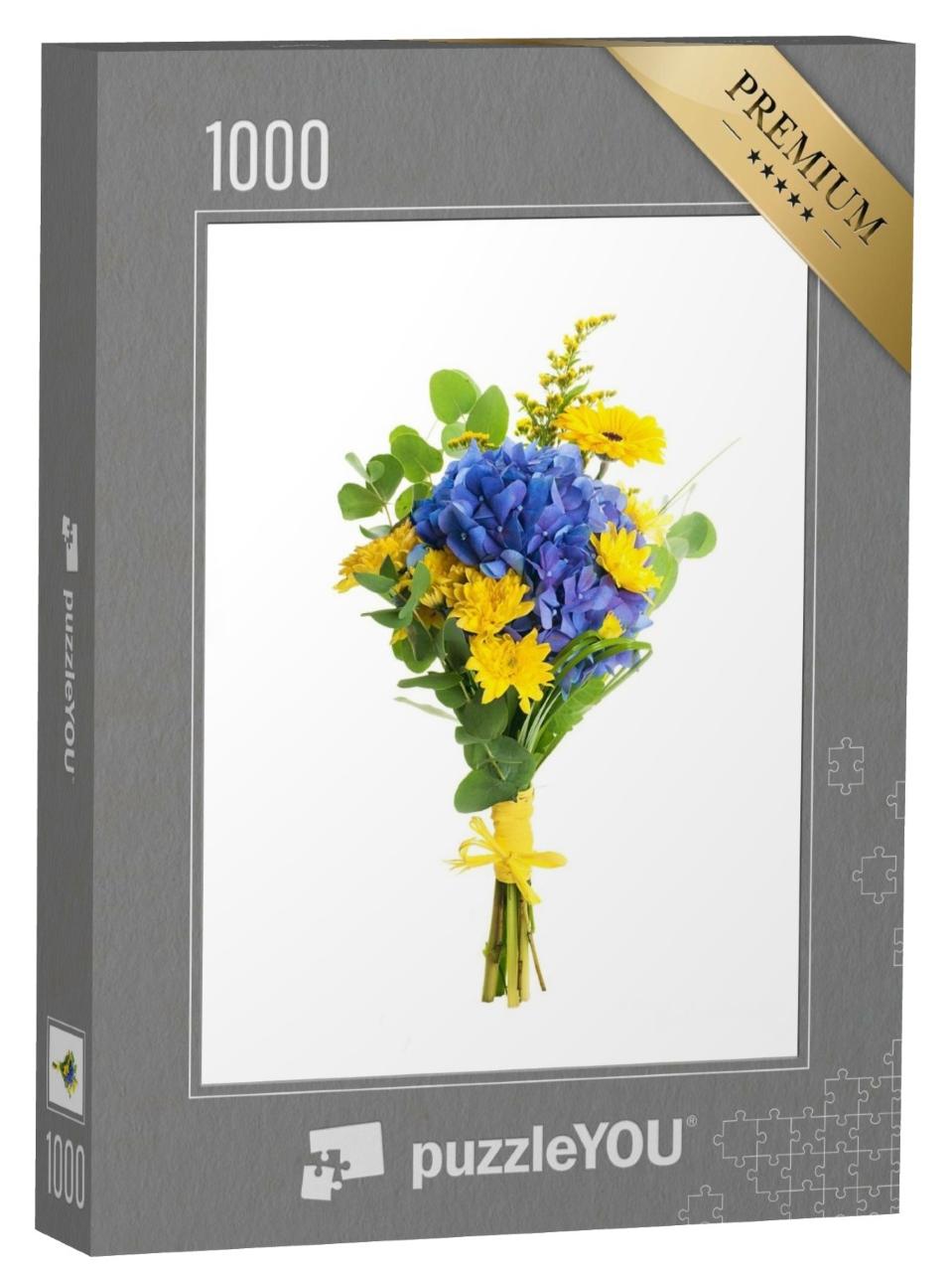 Puzzle de 1000 pièces « Bouquet d'hortensias bleus et d'asters jaunes »