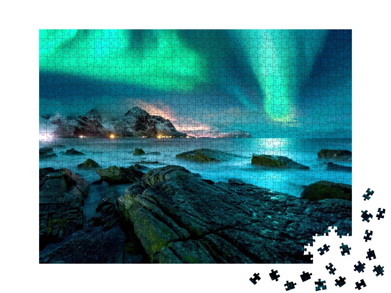 Puzzle de 1000 pièces « Aurores boréales au-dessus des îles enneigées des Lofoten »