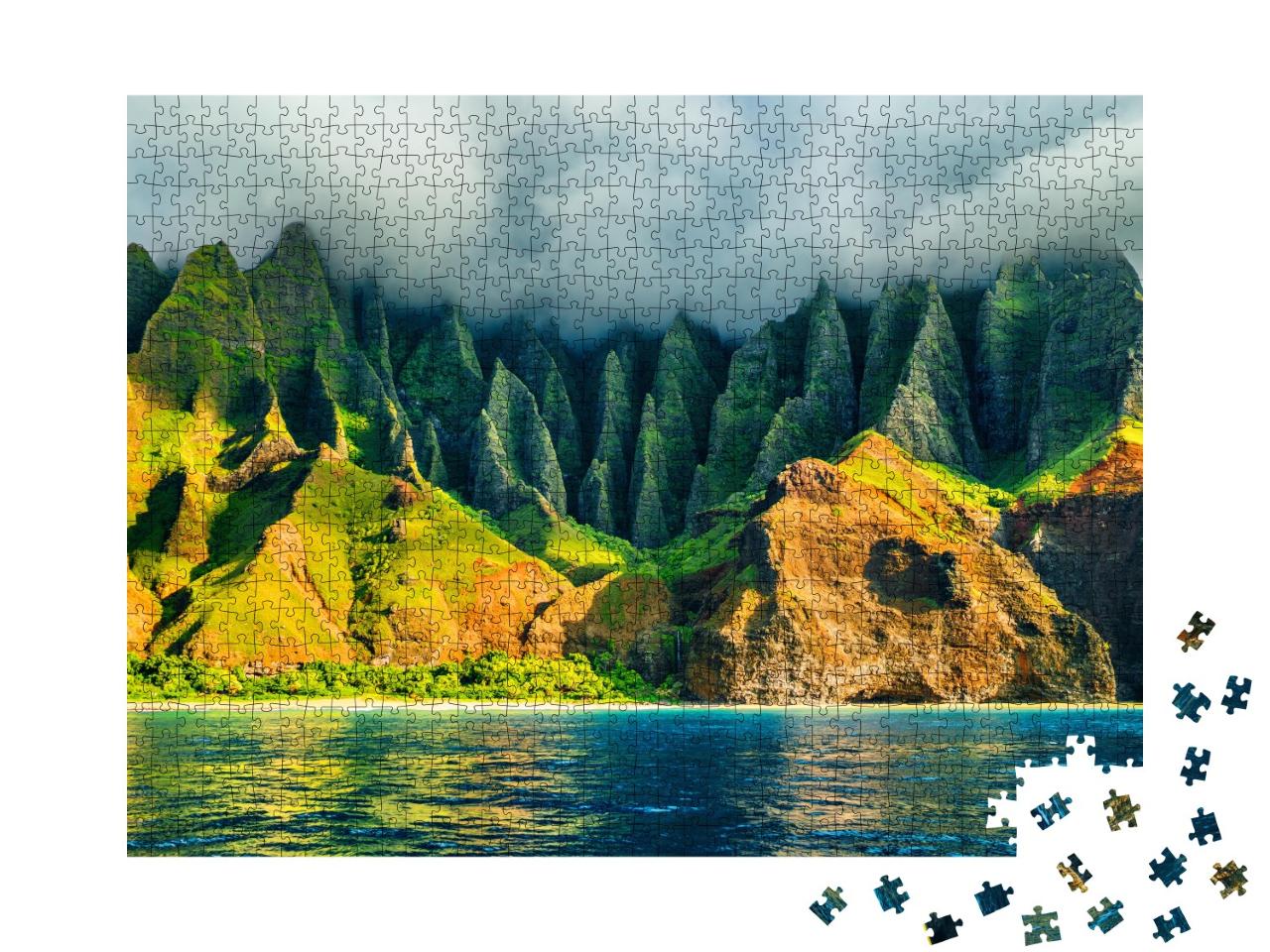 Puzzle de 1000 pièces « Littoral d'Hawaï au coucher du soleil, vue de la mer, Na Pali, États-Unis »