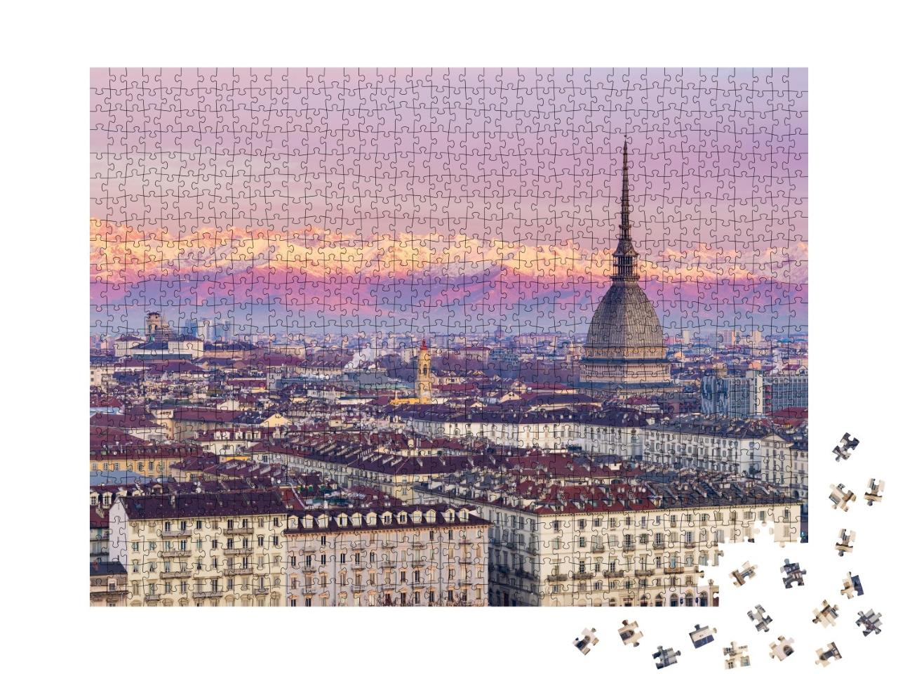 Puzzle de 1000 pièces « Sur les toits de Turin, avec les Alpes italiennes en arrière-plan »