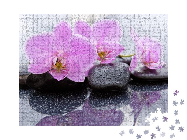 Puzzle de 1000 pièces « Fleurs d'orchidées rose pâle sur des galets mouillés »