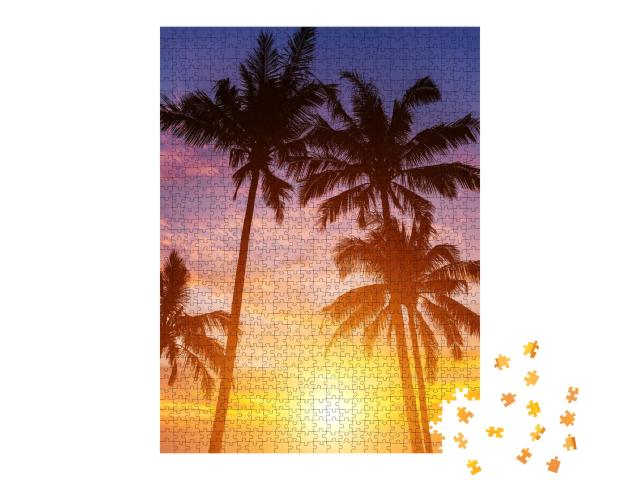 Puzzle de 1000 pièces « Coucher de soleil paradisiaque sur une plage de palmiers »