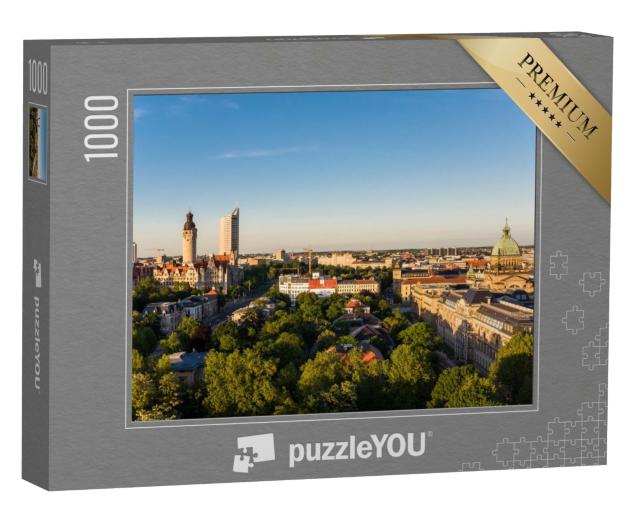 Puzzle de 1000 pièces « Skyline de Leipzig avec l'hôtel de ville au coucher du soleil, Allemagne »