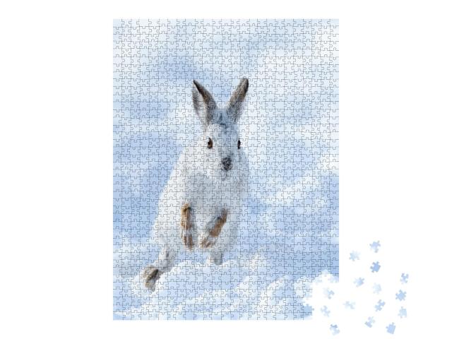Puzzle de 1000 pièces « Lapin de neige blanc sautant dans la neige »
